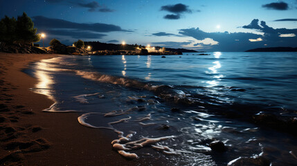 The rhythmic ebb and flow of waves on a moonlit beach, the sea sparkling under the starry night.