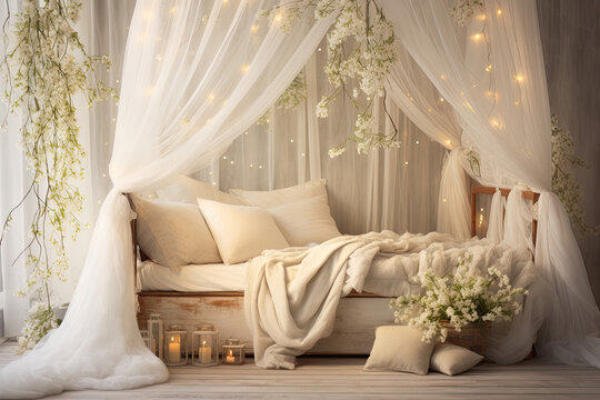 A Dreamy Canopy Bed With A Soft Sheer Curtain And Fairy Lights.