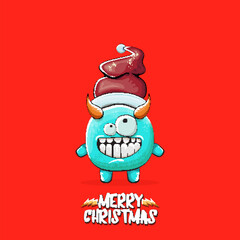 Vector cartoon funky blue monster with Santa Claus red hat isolated on red christmas background. Childrens Merry Christmas greeting card with funny monster minion elf Santa Claus.