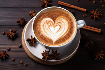 Obraz na płótnie Canvas A heart-shaped latte with a cinnamon 