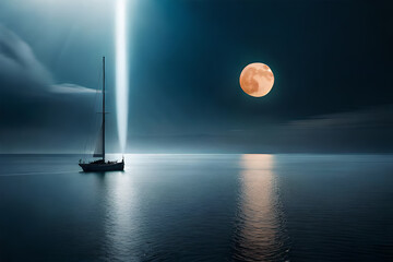 Moonlight in ocean landscape. Bright full moon over the sea