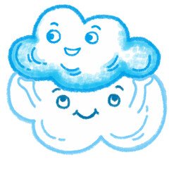 Smiling clouds on a bright day, cute cartoon character illustration isolated on white background. Hand drawn pastel, crayon, oil pastel and chalk paint
