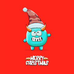Vector cartoon funky blue monster with Santa Claus red hat isolated on red christmas background. Childrens Merry Christmas greeting card with funny monster minion elf Santa Claus.