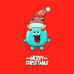 Vector cartoon funky blue monster with Santa Claus red hat isolated on red christmas background. Childrens Merry Christmas greeting card with funny monster minion elf Santa Claus.