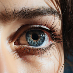 close up of woman's eye with eyelashes with brown hair, in the style of light brown and light bronze