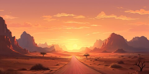 Fototapeta premium AI Generated. AI Generative. Outdoor nature wild wind sand road on desert landscape background. Adventure travel journey road trip vibe