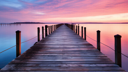 Fototapeta premium A tranquil sandy beach at dawn, the calm sea reflecting the beautiful pastel shades of the sky.