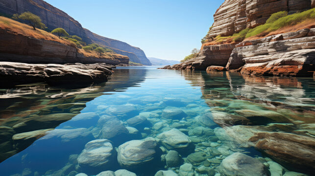 A peaceful view of a calm lagoon surrounded by towering cliffs, the surface reflecting the azure sky.