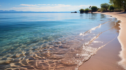 A serene coastal scene featuring a white sandy beach, the calm sea reflecting the pastel shades of dawn.