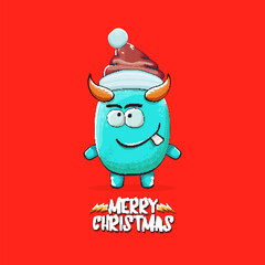 Vector cartoon funky blue monster with Santa Claus red hat isolated on red christmas background. Childrens Merry Christmas greeting card with funny monster minion elf Santa Claus.