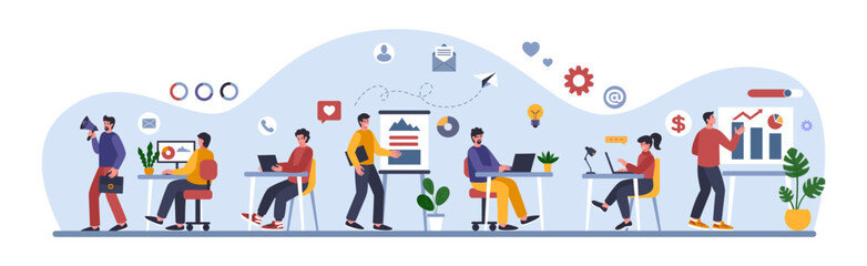 Office work. Employees at laptops. Business presentation. People sitting at desks. Company management. Team communication. Report analytics. Managers call or send mails. Vector concept