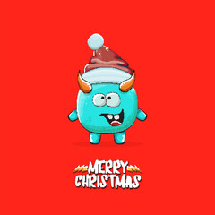 Vector cartoon funky blue monster with Santa Claus red hat isolated on red christmas background. Childrens Merry Christmas greeting card with funny monster minion elf Santa Claus.
