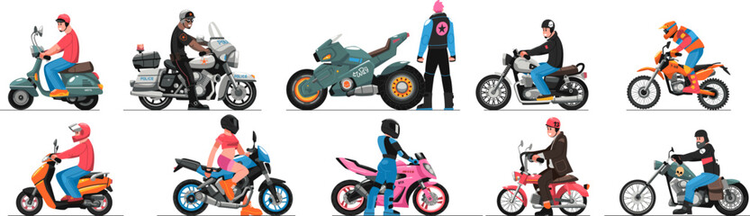 Motorcycle drivers. Transportation by bike. Motor scooter. Man or woman on motorbike. Delivery on moped. People drive transport. Bikers race. Motorcyclists set. Vector cartoon illustration - obrazy, fototapety, plakaty