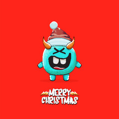 Vector cartoon funky blue monster with Santa Claus red hat isolated on red christmas background. Childrens Merry Christmas greeting card with funny monster minion elf Santa Claus.