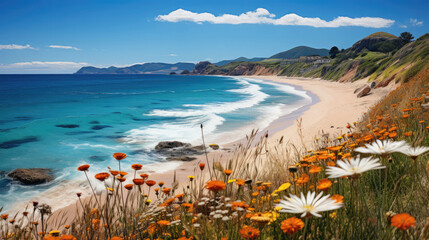 A lush coastal dune carpeted in blooming wildflowers, overlooking a tranquil sea under the blue sky.