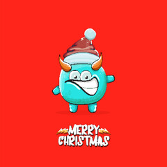 Vector cartoon funky blue monster with Santa Claus red hat isolated on red christmas background. Childrens Merry Christmas greeting card with funny monster minion elf Santa Claus.