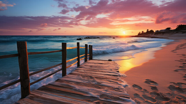 A tranquil beach scene with a tranquil sea reflecting the vibrant colors of the setting sun.