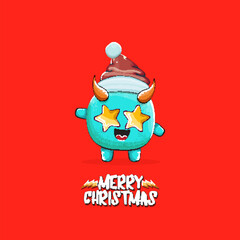 Vector cartoon funky blue monster with Santa Claus red hat isolated on red christmas background. Childrens Merry Christmas greeting card with funny monster minion elf Santa Claus.