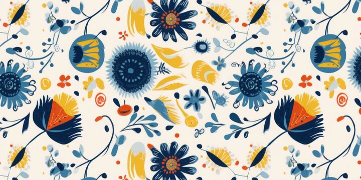 Ukrainian style floral abstract  ornament pattern. Collage contemporary hand drawn print, Generative AI