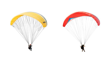 collection, Bright colorful parachute on white background, isolated. Concept of extreme sport, taking adventure challenge.