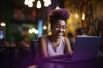 African american happy woman smiling working with her laptop. ia generate 