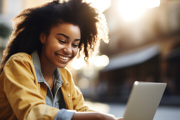 African american happy woman smiling working with her laptop. ia generate 