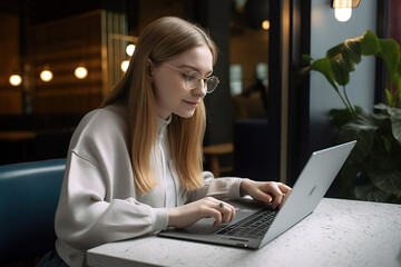 Woman smiling, working with her computer. Online student. ia generate