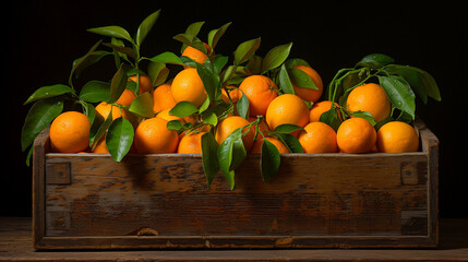 A wooden box filled with fresh oranges and green leaves in front of a solid black background - Powered by Adobe