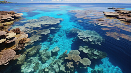 Fototapeta na wymiar A colorful coral atoll seen from above, surrounded by the azure blue of the vast ocean.