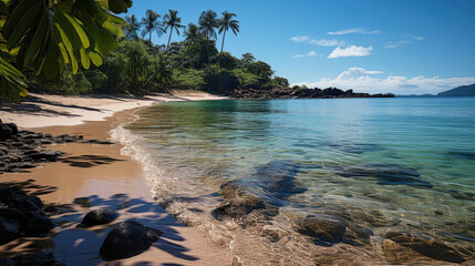 A pristine beach with a calm, clear sea, framed by lush vegetation under a sunny sky.
