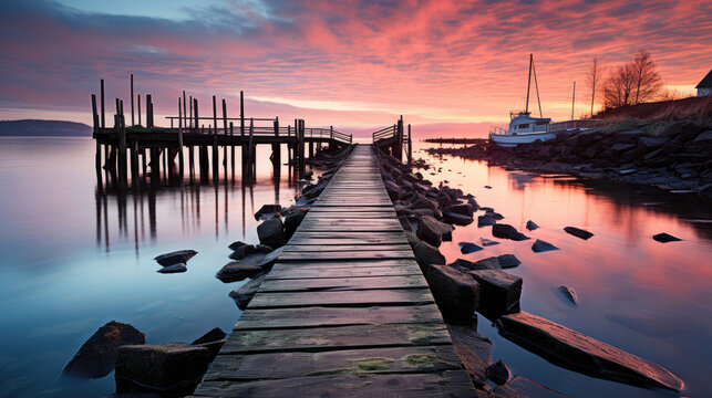 An old wooden pier stretching out into the calm, mirrored water under the soft light of dawn.