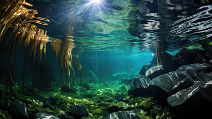 An underwater view of an enchanting kelp forest, swaying gently with the ocean currents. - obrazy, fototapety, plakaty