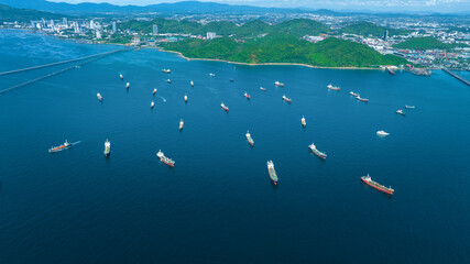 Oil Crude Gas Tanker Ship, Cargo container Ship offshore mooring at Ocean Bay Petroleum Chemical...