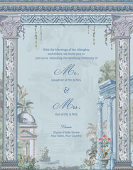 Roman Ancient theme wedding invitation card design for printing.