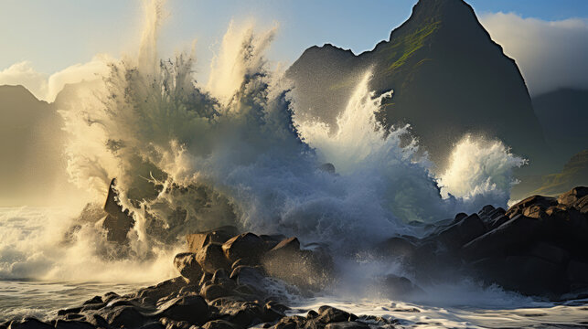 A striking coastal view with a rugged cliff face, the waves crashing into it and creating a dramatic spray.