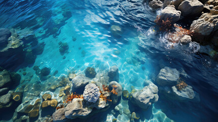 An overhead view of waves gently breaking over a coral reef, their white caps contrasting against the dark ocean.