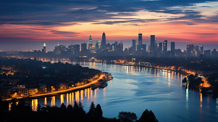 Naklejka premium A mesmerizing scene of a coastal city skyline at twilight, the setting sun casting a golden glow on the buildings.