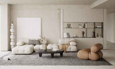 Fototapeta na wymiar minimalist living room with table and sofa, 3d render