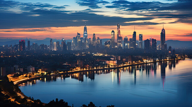 A mesmerizing scene of a coastal city skyline at twilight, the setting sun casting a golden glow on the buildings.