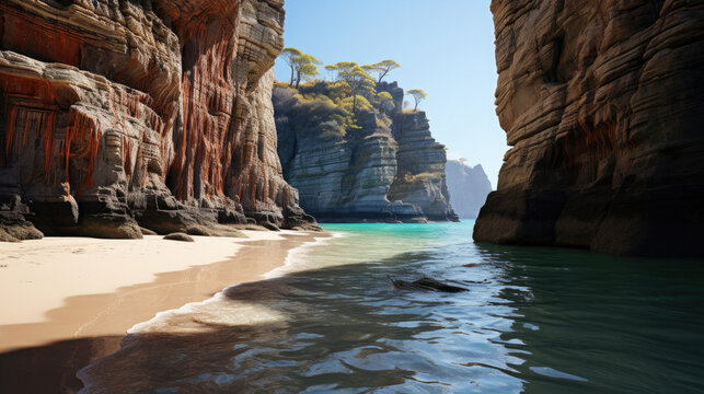 A secluded sandy cove, surrounded by towering cliffs and kissed by the gentle ocean tide.