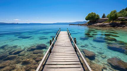 Fototapeta premium An idyllic coastal scene featuring a wooden pier extending into a calm, clear sea under a bright sky.