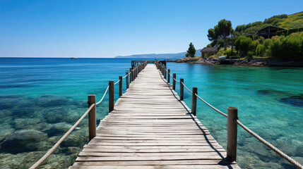 Obraz premium An idyllic coastal scene featuring a wooden pier extending into a calm, clear sea under a bright sky.