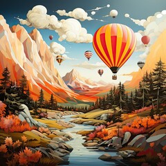 Obraz premium Illustration of landscape and hot air balloons. Generative AI