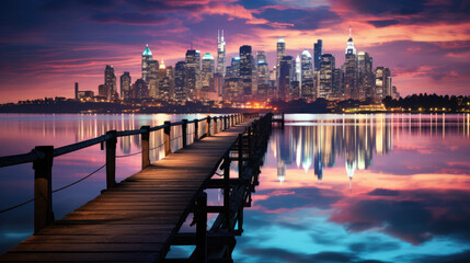 A mesmerizing scene of a coastal city skyline at dusk, the colorful lights reflected on the calm sea.