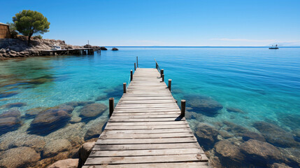 A tranquil coastal scene of a wooden jetty extending into a serene bay, the calm water reflecting the clear sky.