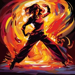 Female character with bold dance moves and fiery colors that light up with their heat and energy, modernism art style. Generative AI.