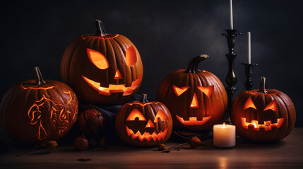Hallooween decorated pumpkins, with the black background. Halloween day concept. ia generate