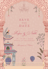 Traditional Mughal wedding invitation card design. Save the date invitation card with decorative elements for printing vector illustration. - obrazy, fototapety, plakaty