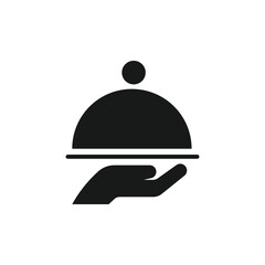 Tray on hand icon vector illustration on a white background. Food serving icon. Sign waiter hand with serving tray. Waiter service. Isolated symbol on a white background. Vector illustration