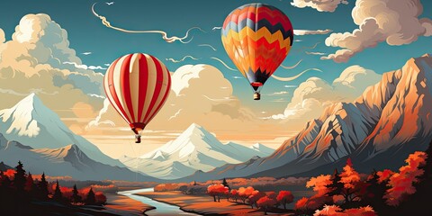 Naklejka premium Illustration of landscape and hot air balloons. Generative AI